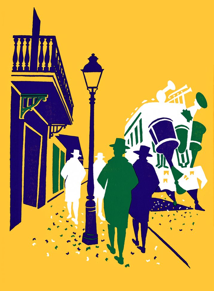 Screen-print illustration of a New Orleans street parade: a brass band with tubas and drums, people in hats walking under a balcony, confetti on the sidewalk, in purple, green and white on gold.