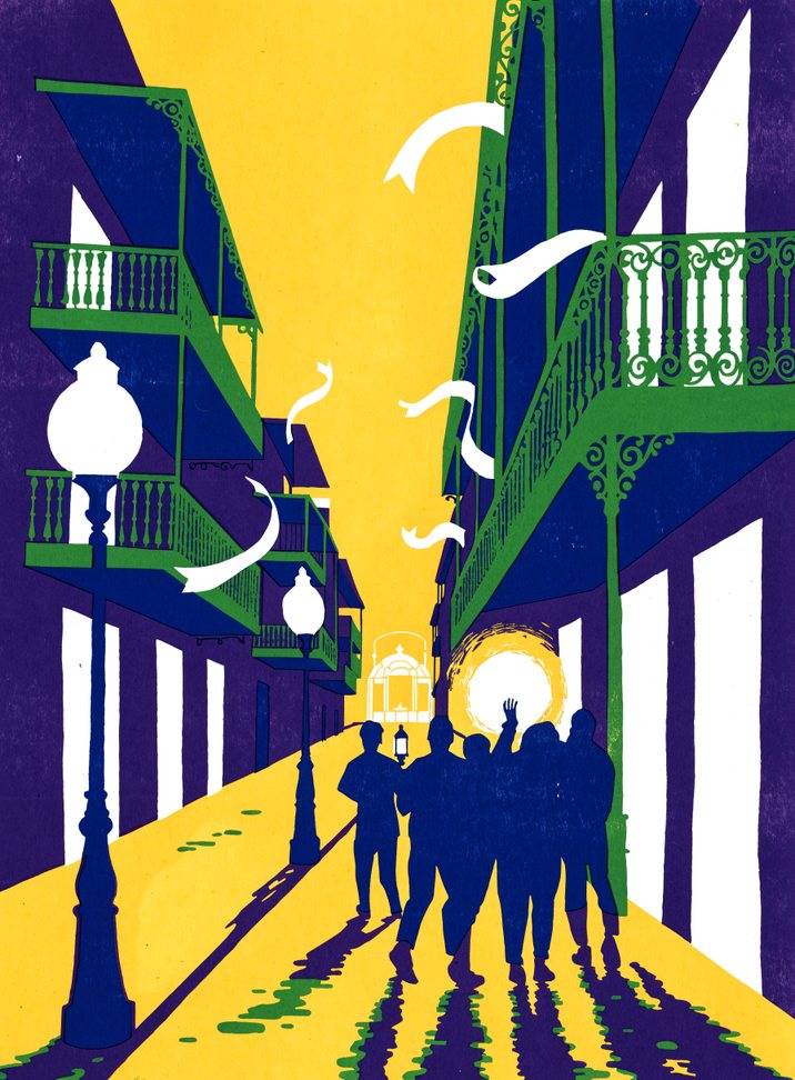 Screen-print illustration of a New Orleans street: balconies, a lamppost, a brass band and people walking, in purple, green and white on gold.